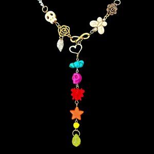 PRIDE STRONG #554 Dia de Los Muertos Rainbow Beaded Drop-Pendant Necklace